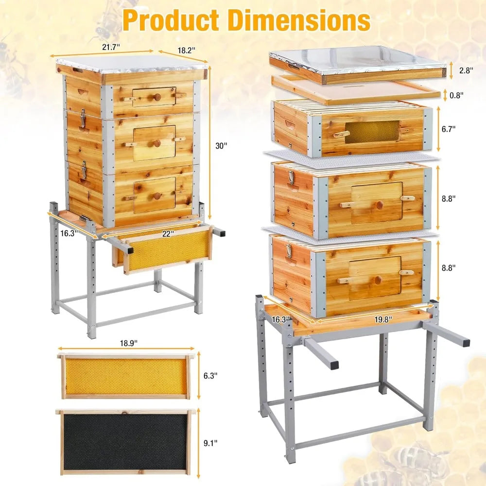 Bee Hive Starter Kit with Metal Stand.100% Beeswax Coated with 10 Medium and 20 Deep Frames & Foundations(3 Layer)