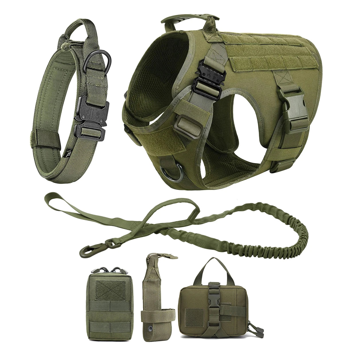 Tactical Dog Harness, Leash And Collar. Molle Pouches for Medium - Large Dogs. Adjustable Service Dog Harness.