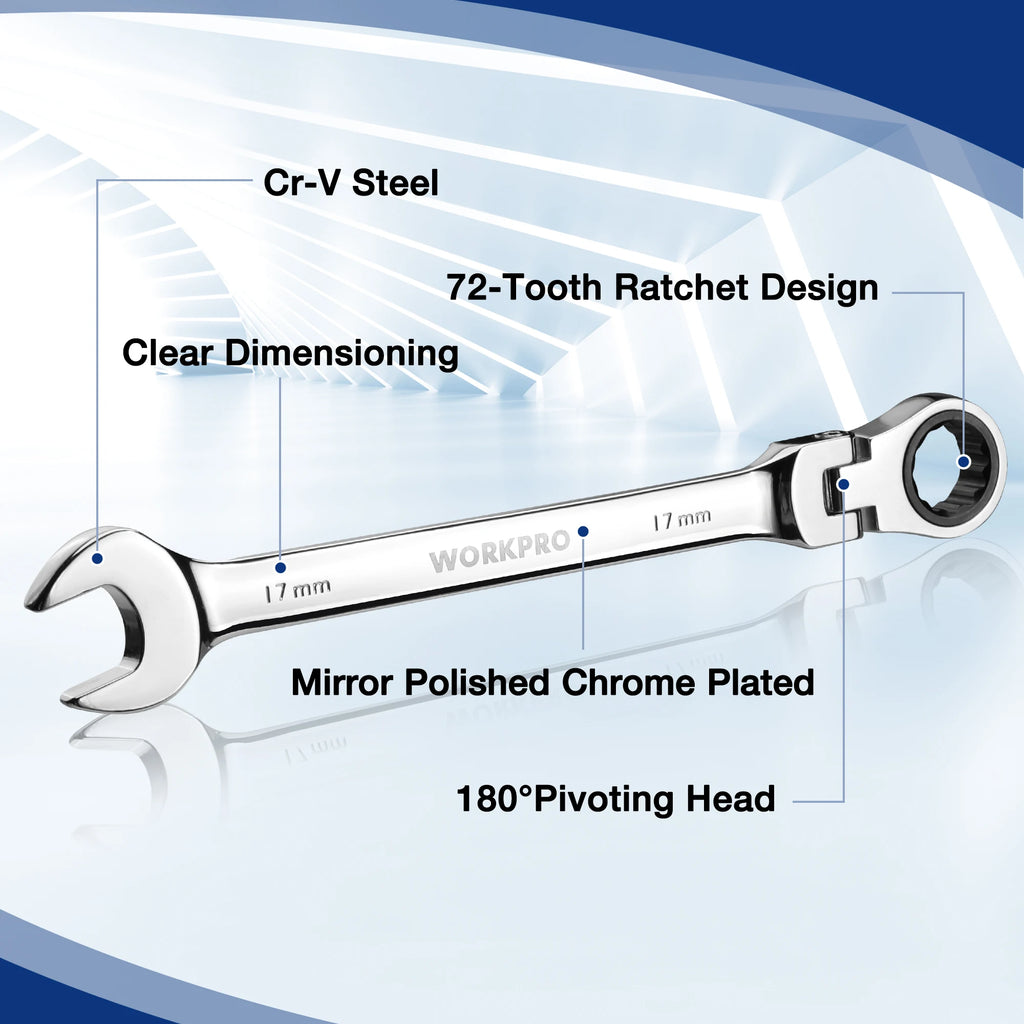 WORKPRO 22pcs Ratcheting Wrench Set. Flex-Head Ratchet Combination Wrench Sets with Organizer Box 72 Teeth.