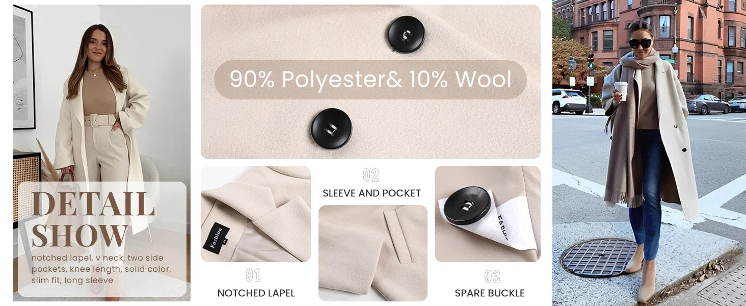 Women's Winter Wool Coat. Notch Lapel, Single-Breasted .