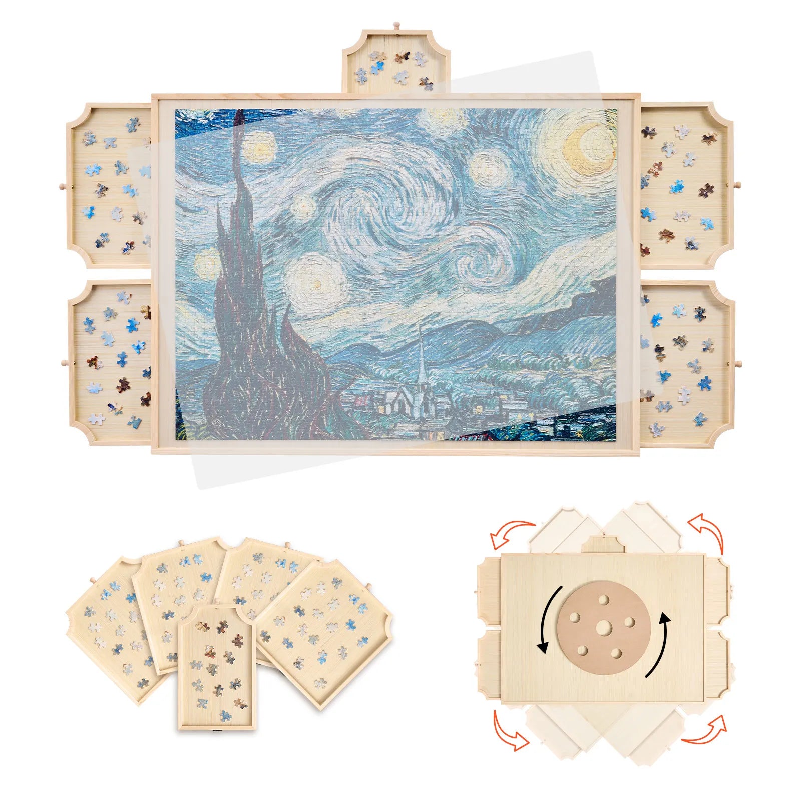 1500 Piece Rotating Puzzle Board with 5 Drawers and Cover. Jigsaw Puzzle Wooden Table