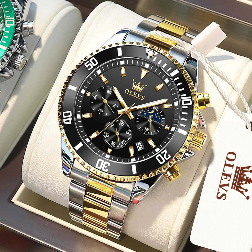 OLEVS Men's Top Brand Luxury Watch. Waterproof, Stainless Steel, Chronograph, Moon Phase, Date.