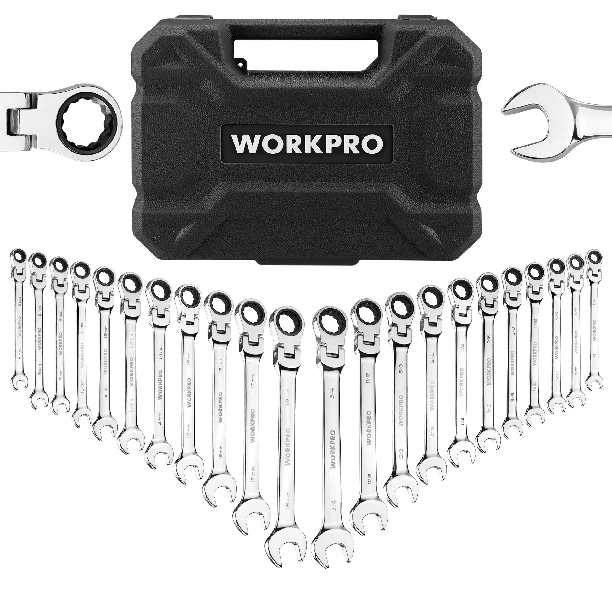 WORKPRO 22pcs Ratcheting Wrench Set. Flex-Head Ratchet Combination Wrench Sets with Organizer Box 72 Teeth.