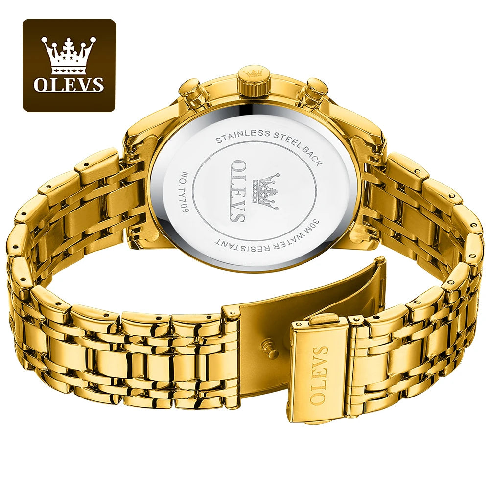OLEVS Men's Luxury Gold Fashion Wristwatch. Stainless Steel - Waterproof - Luminous - Chronograph Date - 24 Hour Display.