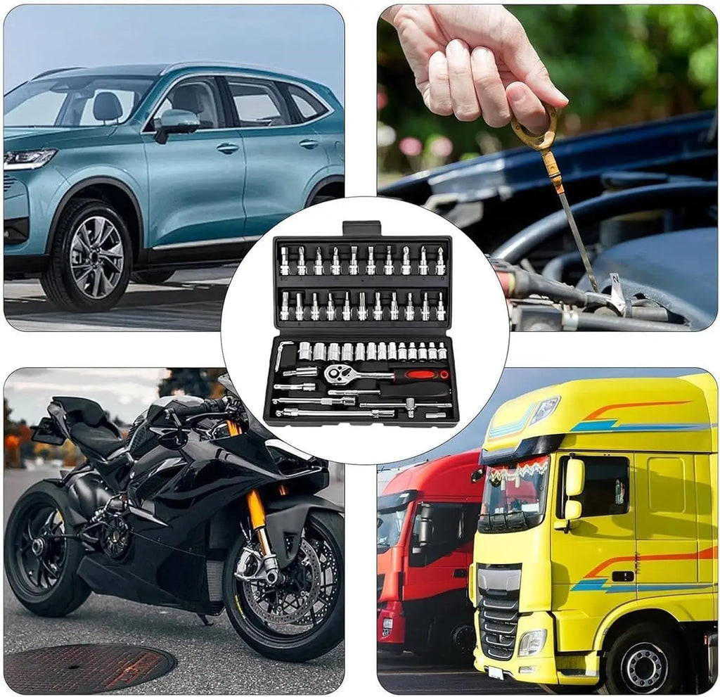 46PCS 1/4 inch Drive Socket Set,Metric, 4-14mm CR-V Sockets, Mechanic Tool Kits.