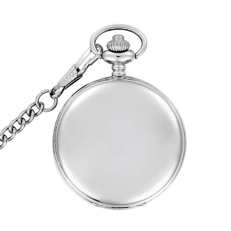 Silver Smooth Quartz Pocket Watch. Stainless Steel with Short Chain.