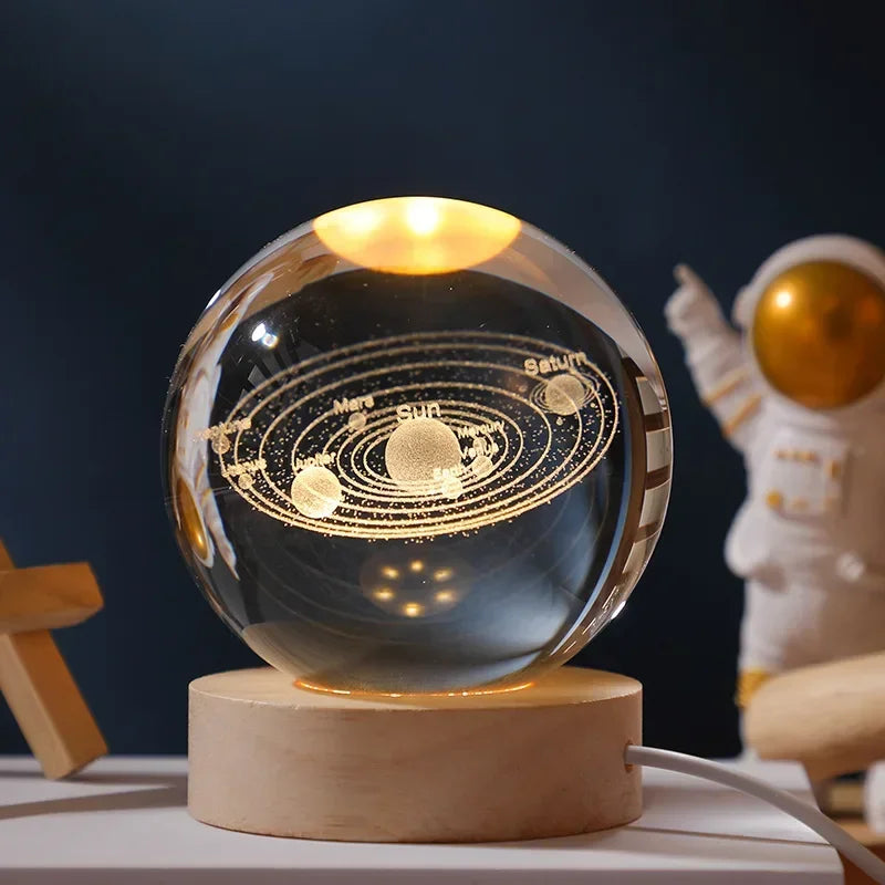6/8cm 3D Crystal Ball Planet Night Light. Laser Engraved Solar System Globe. Home Desktop Decoration.