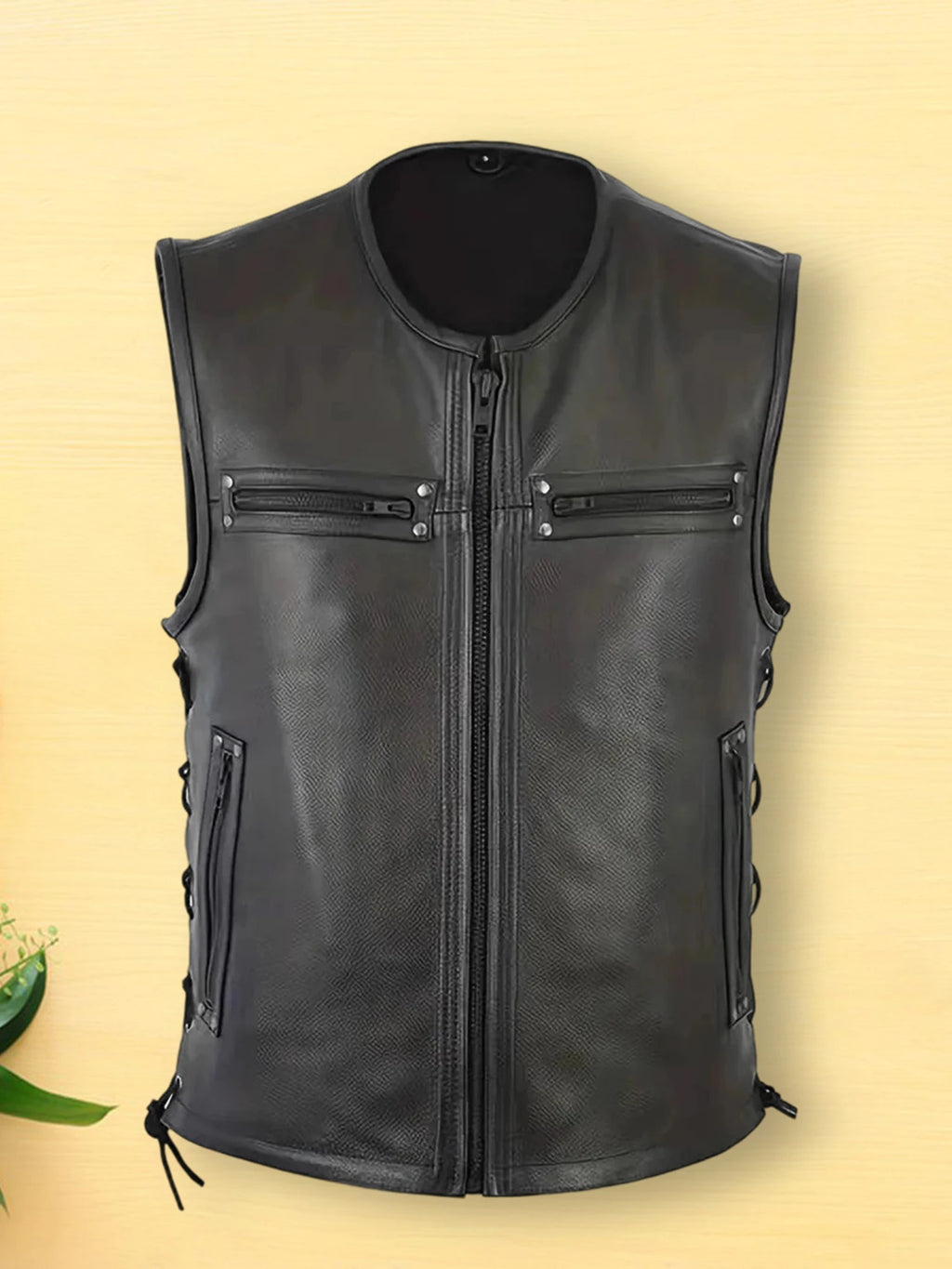 Stylish Men s Biker Vest, Genuine Leather With Multiple Pockets And Zipper Closure.