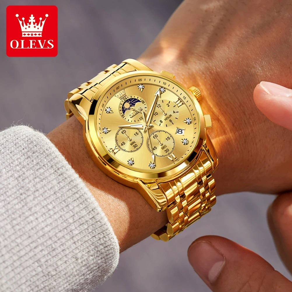OLEVS Luxury Men's Watches. Moon Phase, Chronograph, Quartz, Gold Stainless Steel, Luminous.