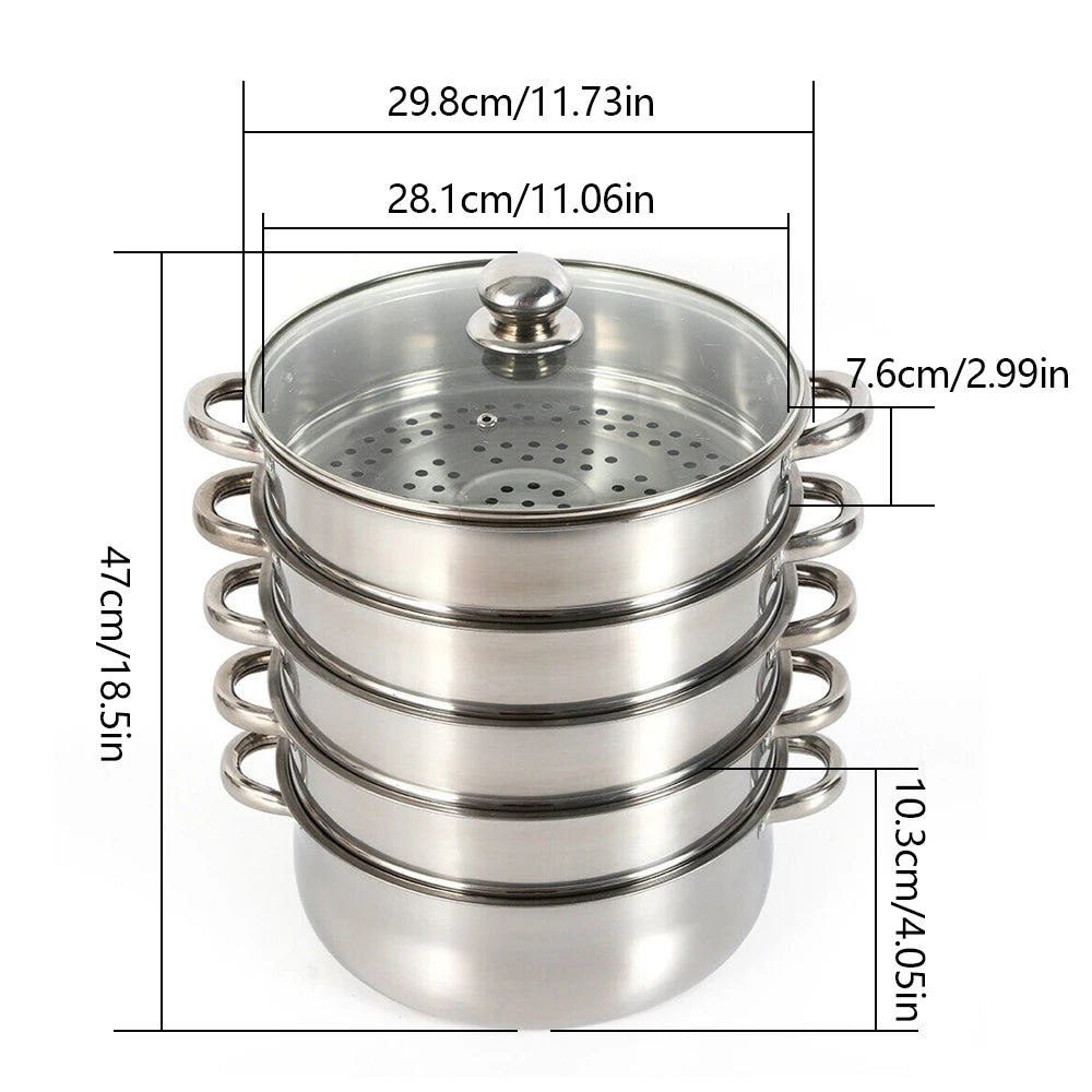 5 Tier Steam Cooker. Stainless Steel. Silver W/Glass Lid.