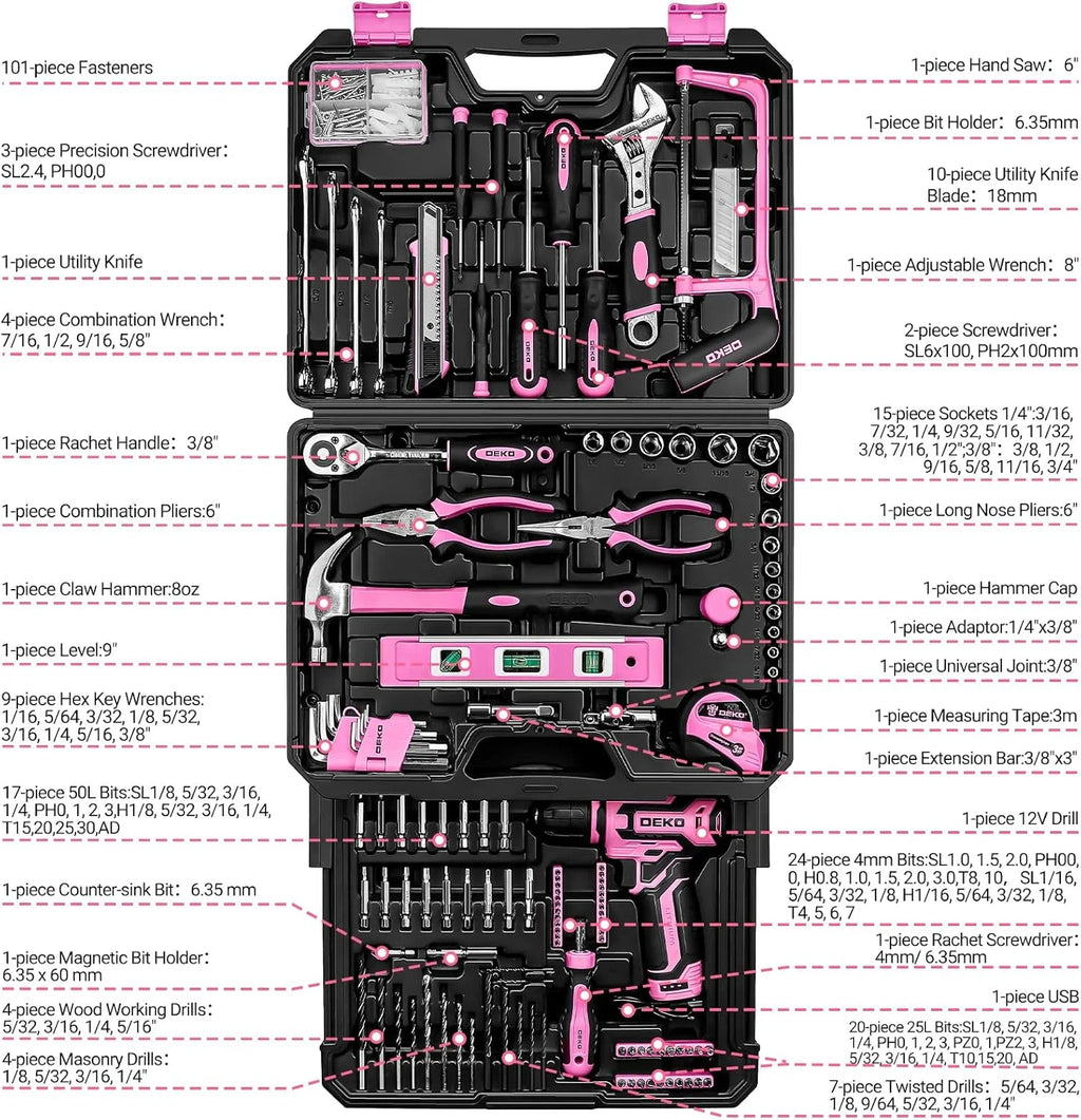 DEKO Home Mechanic Toolbox with 12V Power Cordless Drill. Storage Organizer Case.
