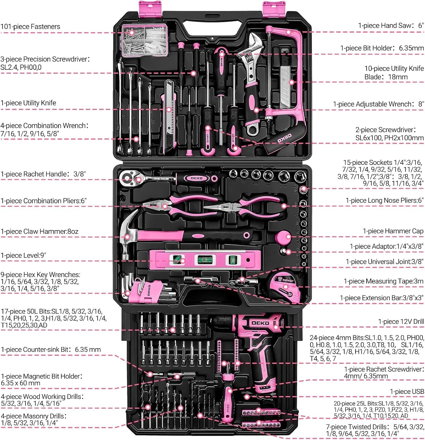 DEKO Home Mechanic Toolbox with 12V Power Cordless Drill. Storage Organizer Case.