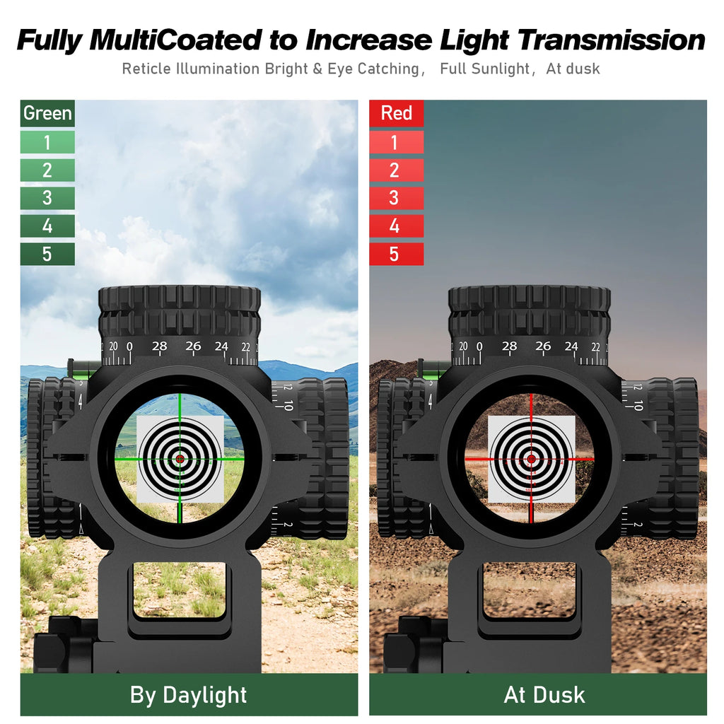 1-5X24 Tactical Optical Rifle Scope. Red and Green Illuminated Reticle.