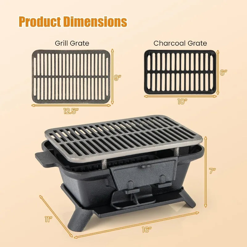 Portable Cast Iron Charcoal Hibachi Grill with Double-sided Grate