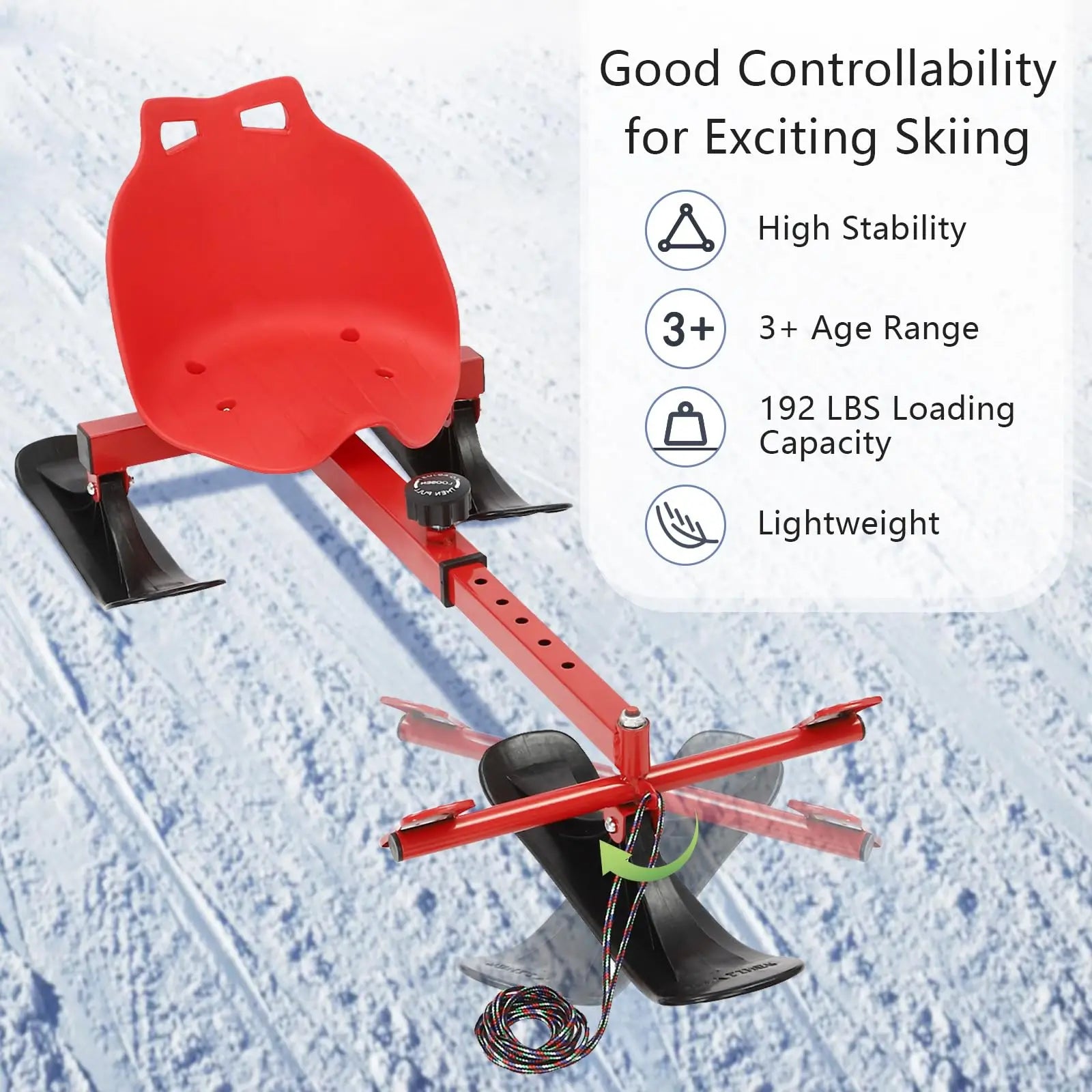Snow Racer Sled, Ski Slider with Long Pull Rope, 2 Modes & Adjustable Length - Ages 3 and Up.