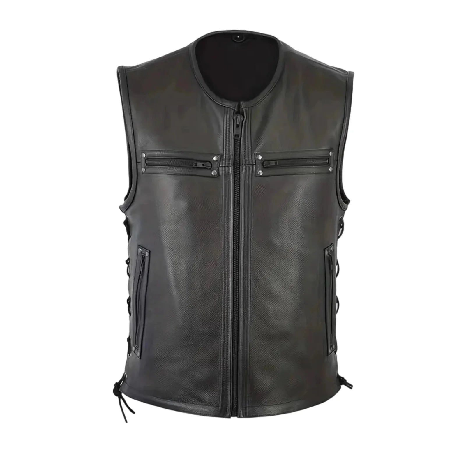 Stylish Men s Biker Vest, Genuine Leather With Multiple Pockets And Zipper Closure.