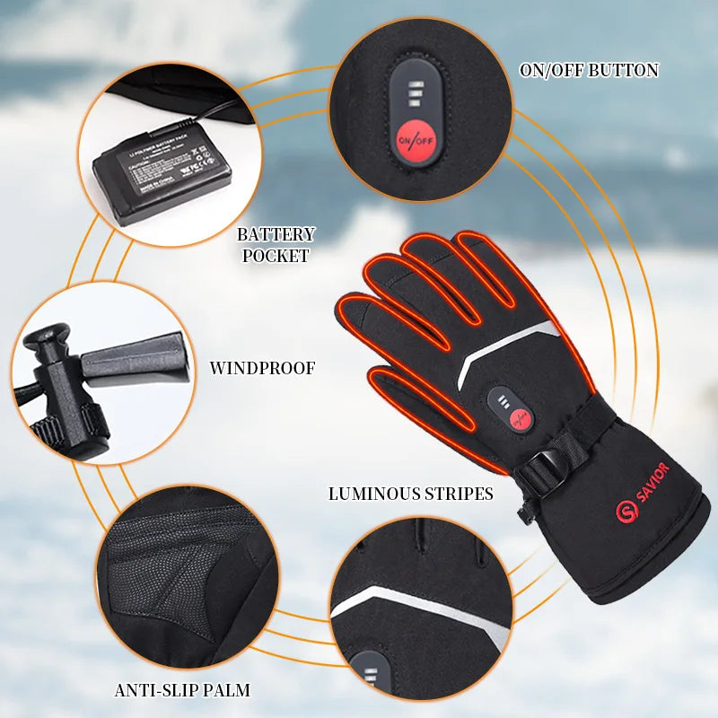 Heated Motorcycle Gloves. Goat Skin Leather- 3 Shift Temperature Control- Waterproof.