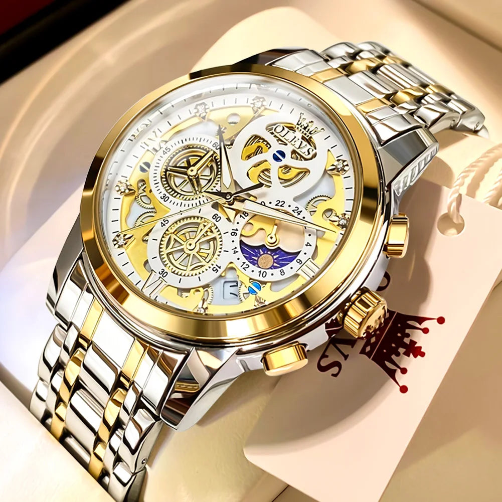 OLEVS Luxury, Waterproof, Gold Skeleton Style, 24 Hour, Wrist Watch.