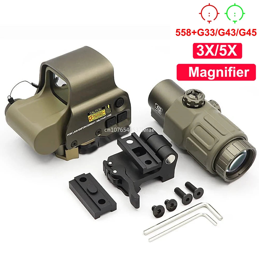 EOTECH 558 Holographic Collimator Red Dot Sight. G43/G33 3X, G45 5X Magnifier. W/20mm Rail Mounts & QD Lever.