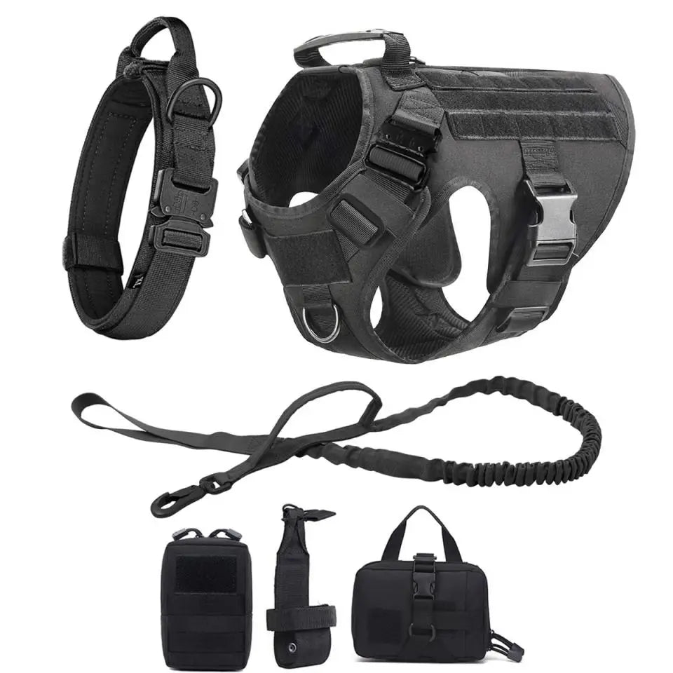 Tactical Dog Harness, Leash And Collar. Molle Pouches for Medium - Large Dogs. Adjustable Service Dog Harness.
