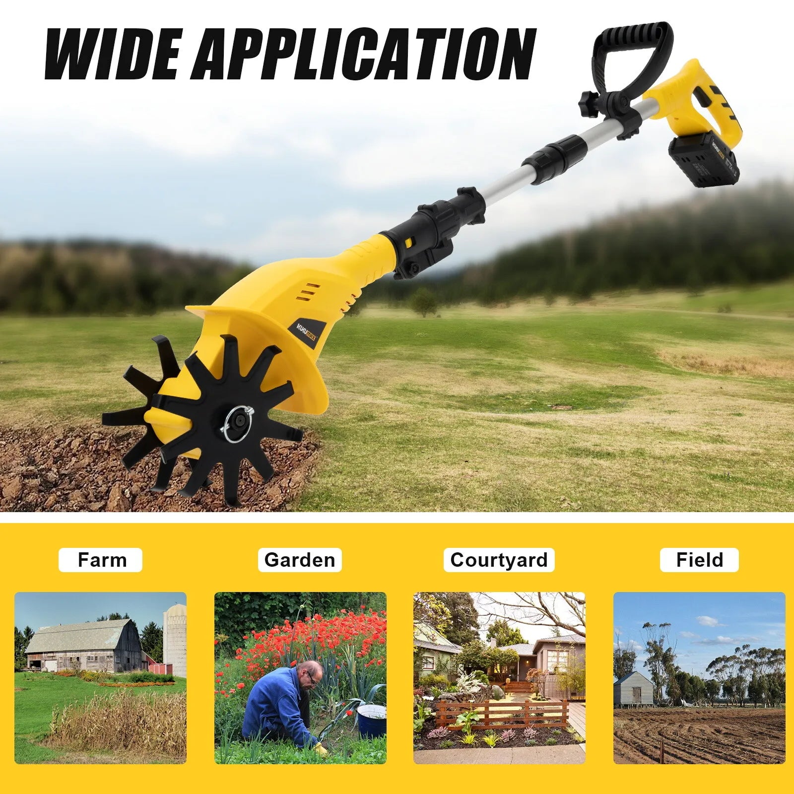 20V Cordless Electric Rototiller, Adjustable Height, 6.7Inch Tilling Depth, Lightweight.