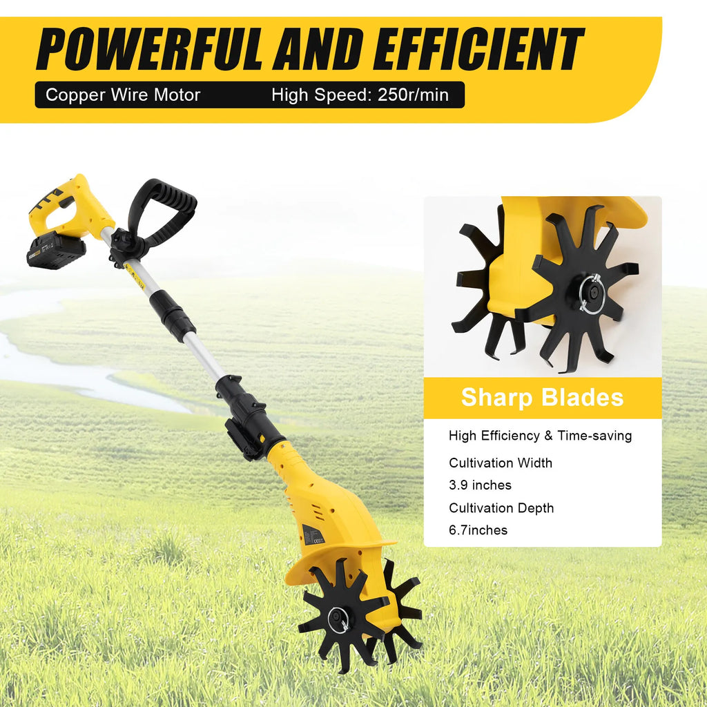 20V Cordless Electric Rototiller, Adjustable Height, 6.7Inch Tilling Depth, Lightweight.