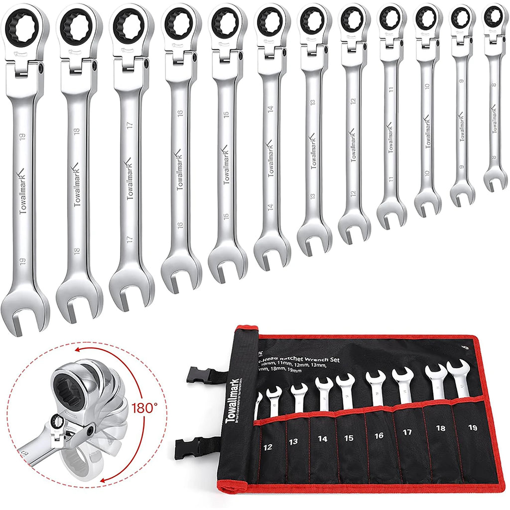 12-Piece Flex-Head Wrench Set, Ratcheting Combination Set, Metric 8-19mm, 72-Teeth,Cr-V Steel with Bag.