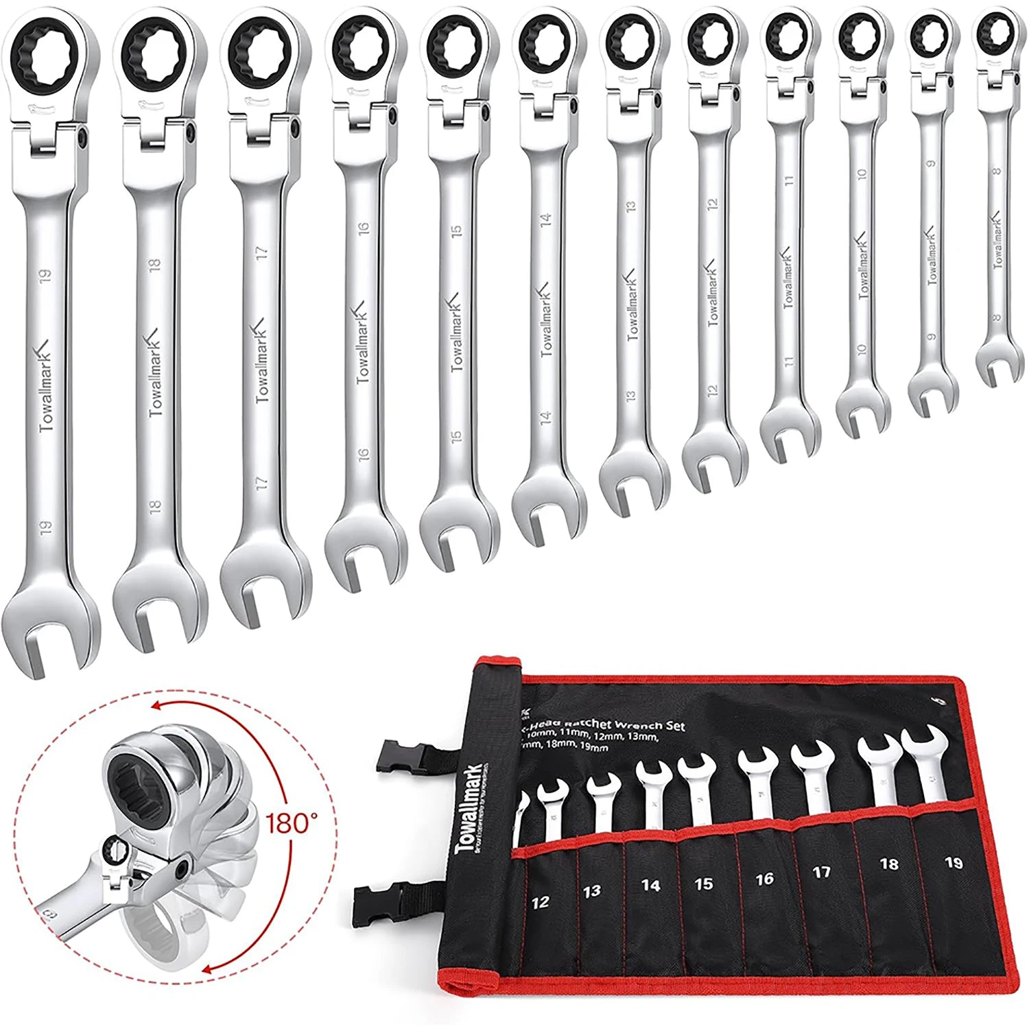 12-Piece Flex-Head Wrench Set, Ratcheting Combination Set, Metric 8-19mm, 72-Teeth,Cr-V Steel with Bag.