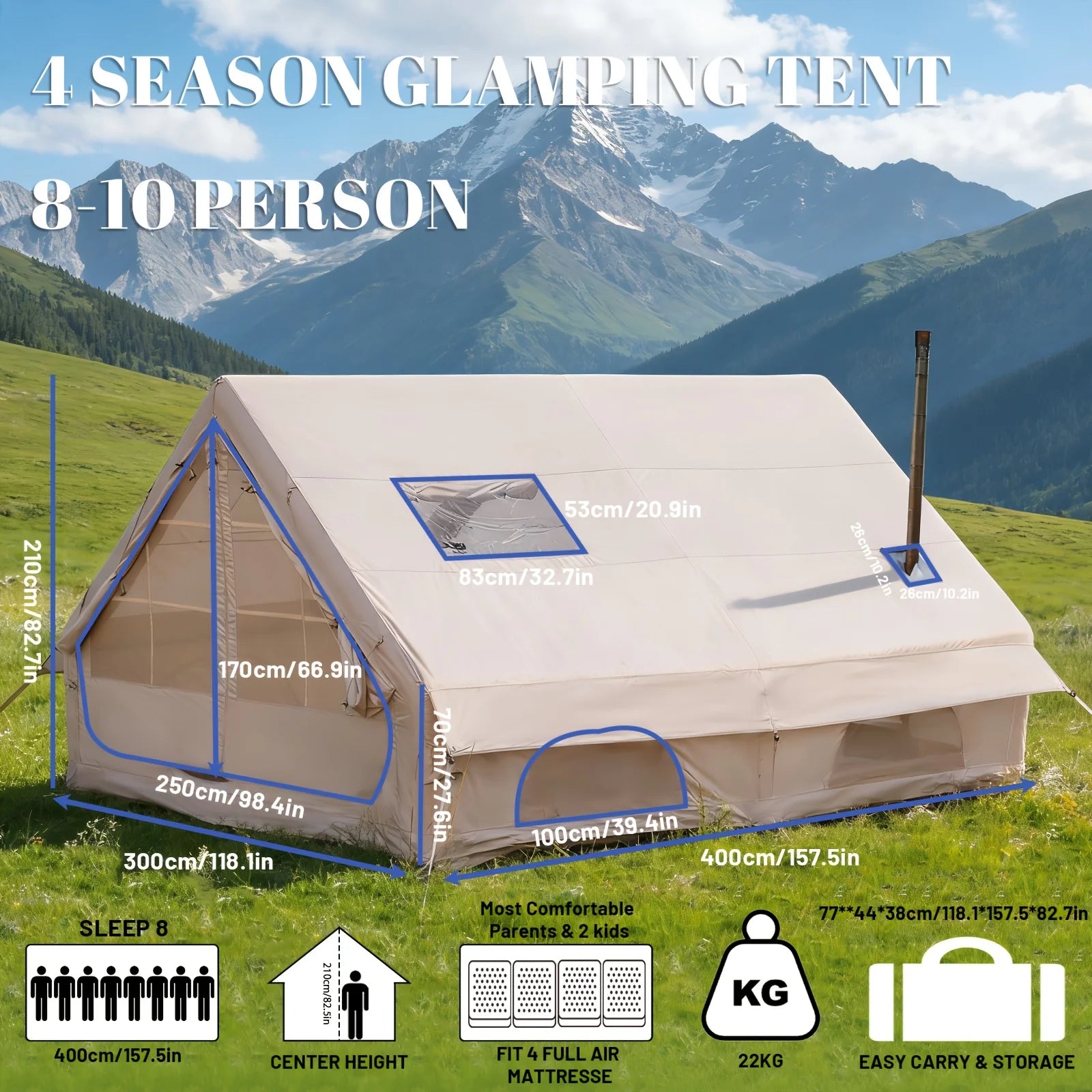 Large Inflatable Camping Tent With Skylight, Quick Air-Flow & Breathable Mesh Design, Summer Or Winter Glamping.