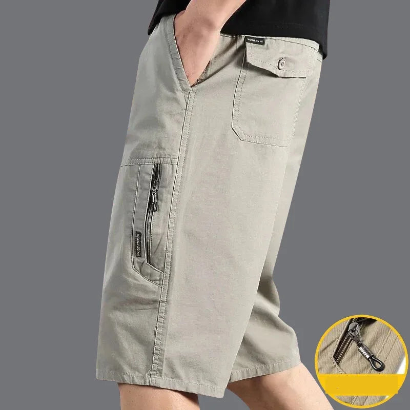 Classic Cargo Shorts, Zipper Pocket, Casual Knee Shorts. Cotton.