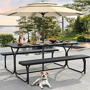 6FT Picnic Table And Bench. W/Umbrella Hole. Resin Tabletop & Steel Frame .
