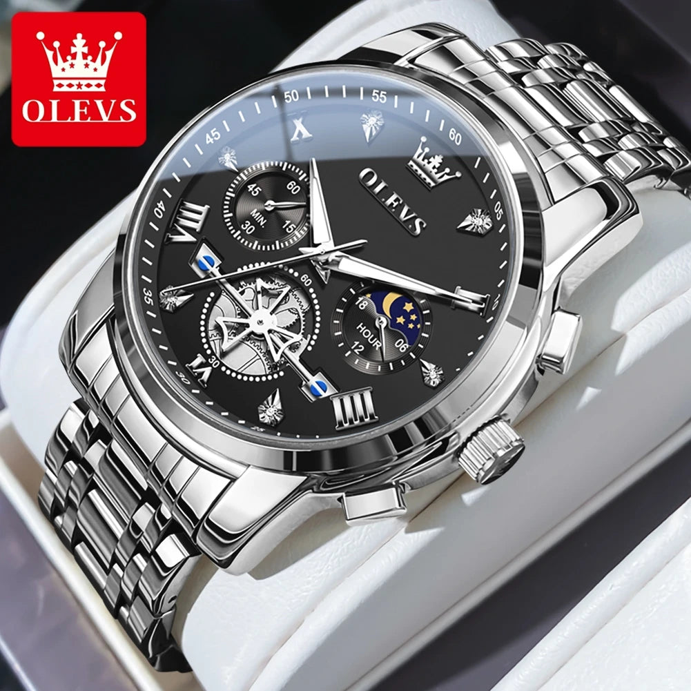OLEVS Men's Classic, Multifunctional, Chronograph, Quartz Wristwatch. Moon Phase, 24 Hour, Waterproof.