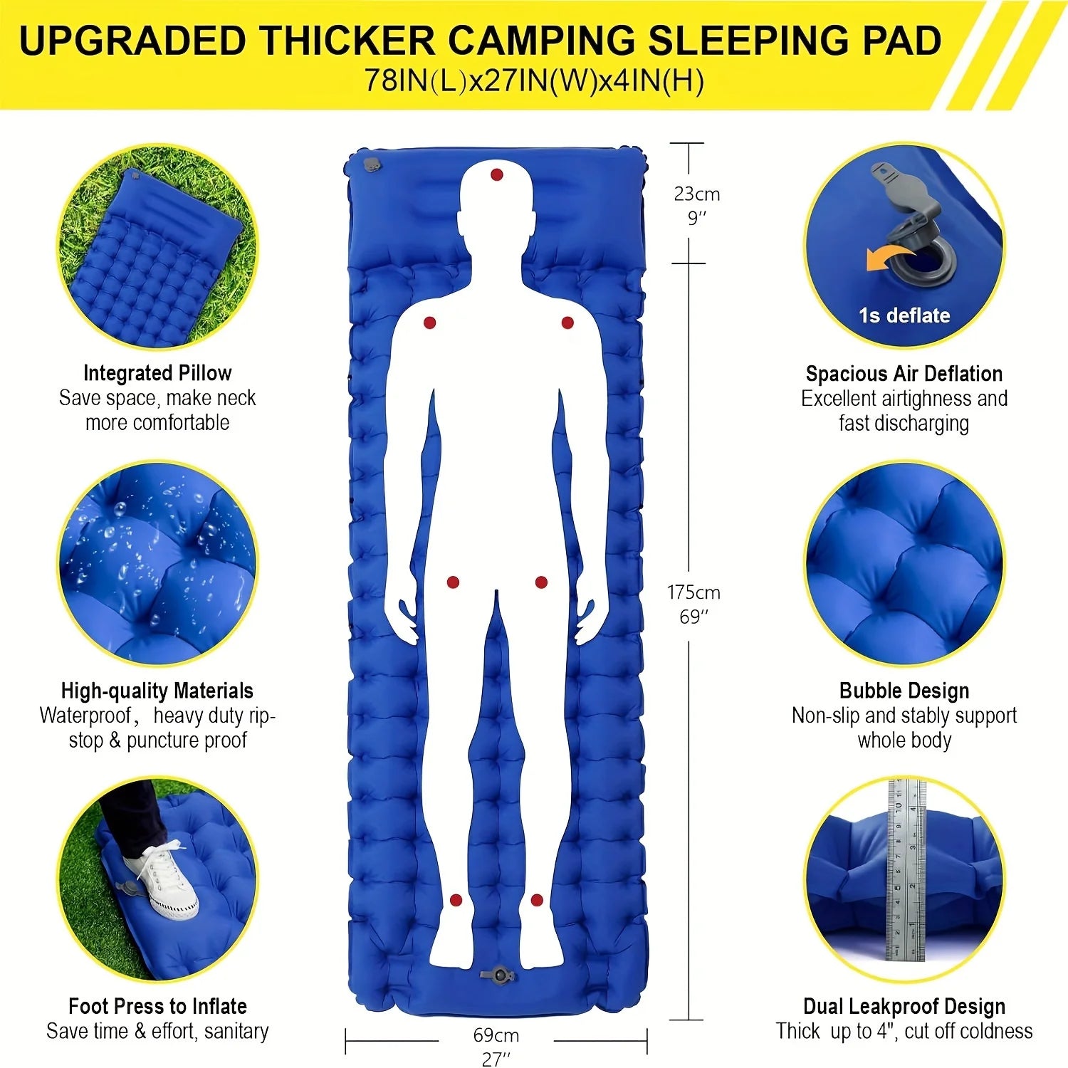 Super Thick 4-inch Inflatable Sleeping Mat, With built-in pillow and pump.