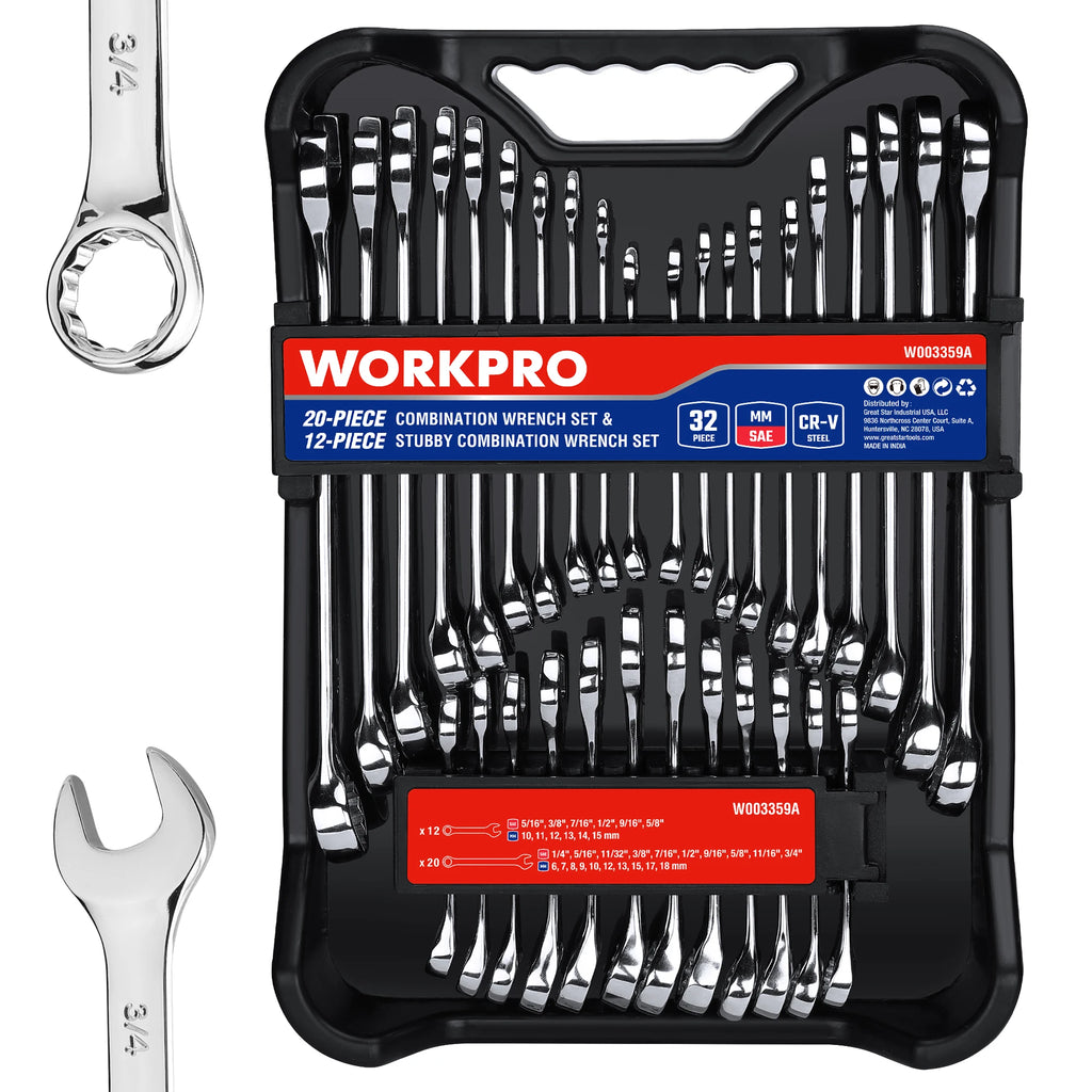 WORKPRO 32-Piece SAE & Metric Combination Wrenches Set, 20-Piece Standard wrenches and 12-Piece Stubby Wrenches with Organizer.