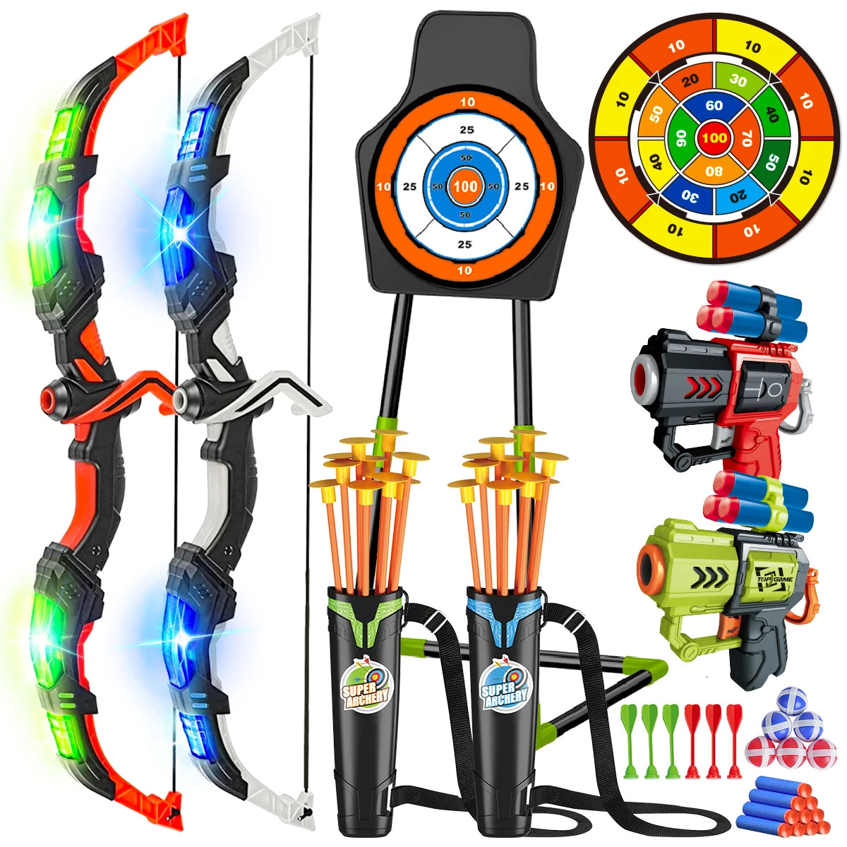 VATOS 2X Bow Arrow + Guns Toy. LED Light Up - Suction Cup Stand Target.