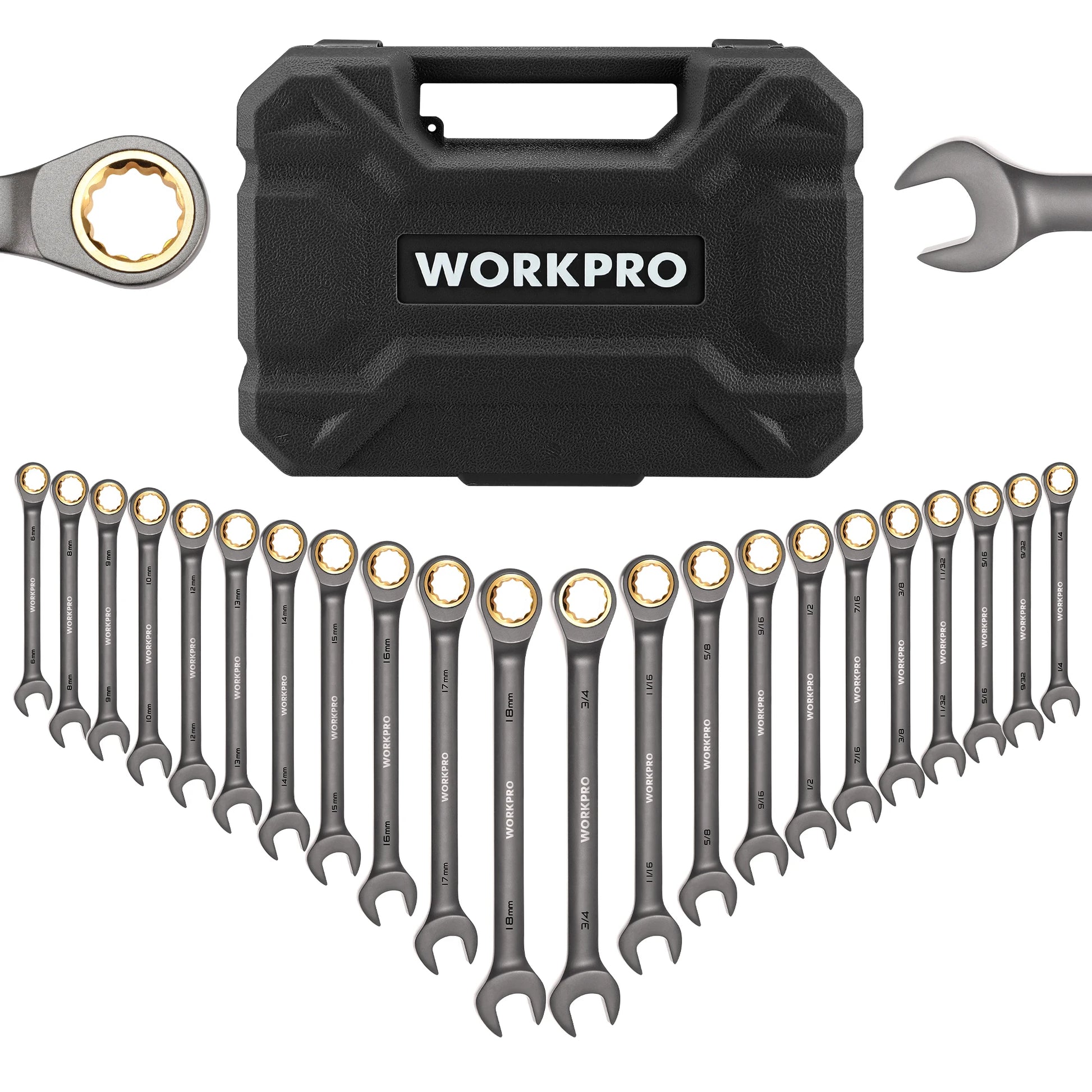 WORKPRO 22pcs Ratcheting Wrench Set. Flex-Head Ratchet Combination Wrench Sets with Organizer Box 72 Teeth.