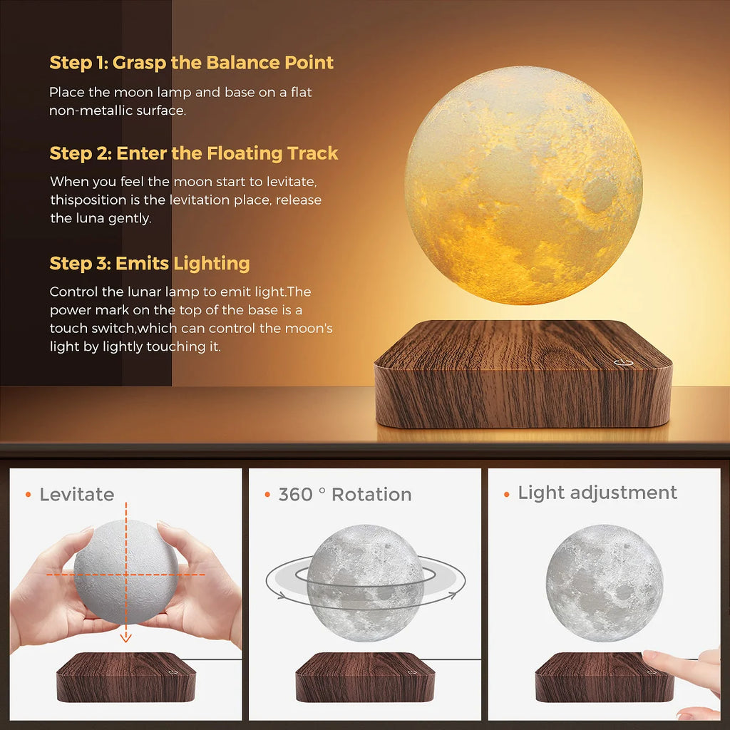 Levitating Moon Table Lamp, Magnetic Floating Night Light With 3 Lighting Modes, 3D Printed Levitation Bedside Table Lamp.
