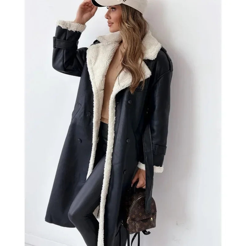 Women's Coat. Fashionable Faux Fur. Lapel Collar.