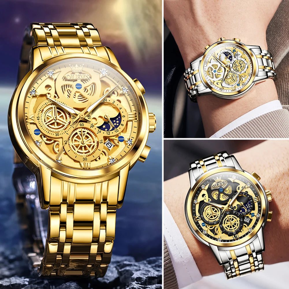 OLEVS Luxury, Waterproof, Gold Skeleton Style, 24 Hour, Wrist Watch.