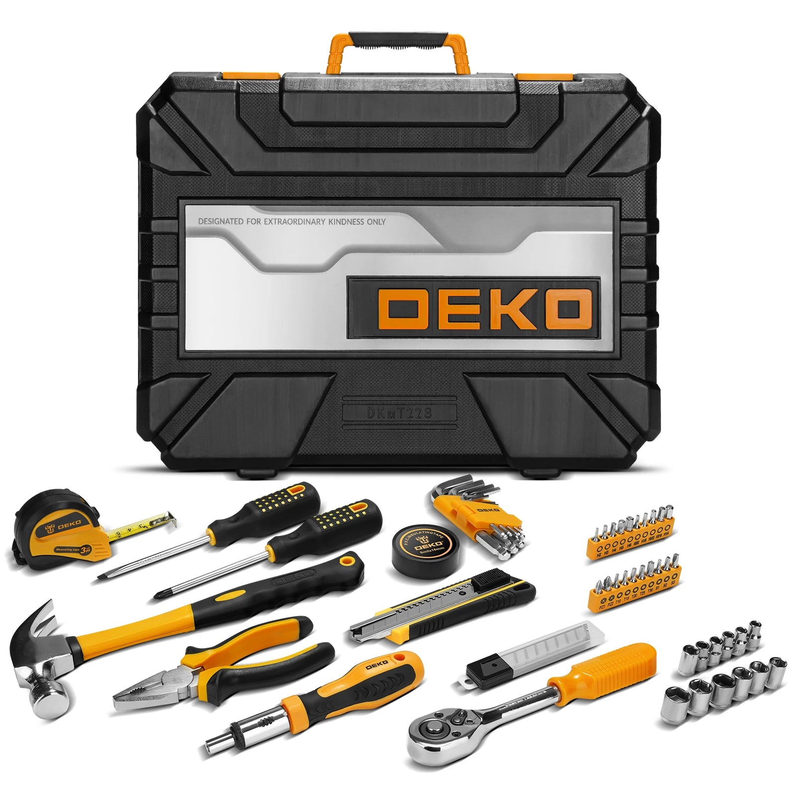 DEKO 228Pcs Socket Wrench Auto Repair Tool Combination Package. Plastic Toolbox Storage Case Included.