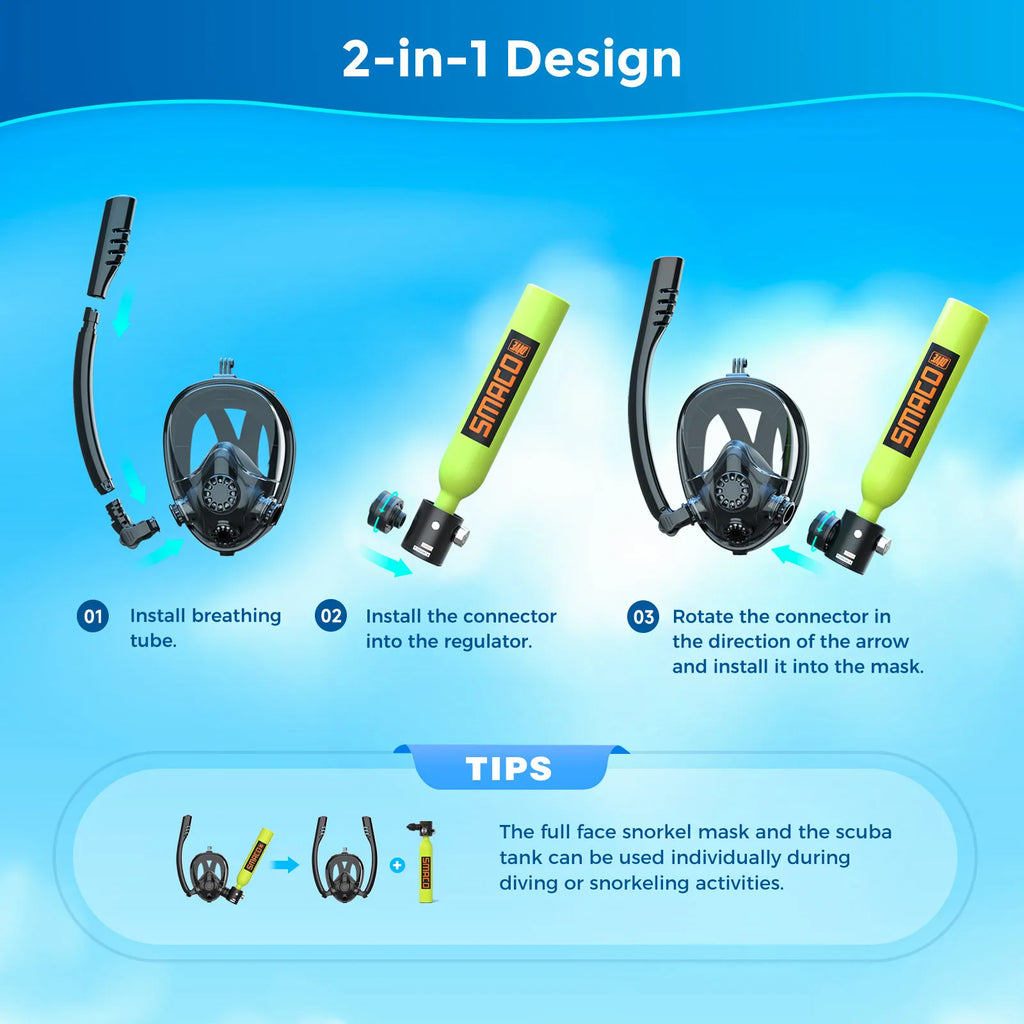 Mini Scuba Tank with Snorkel Mask. 0.5L Tank with Full Face Diving Mask. Refillable.