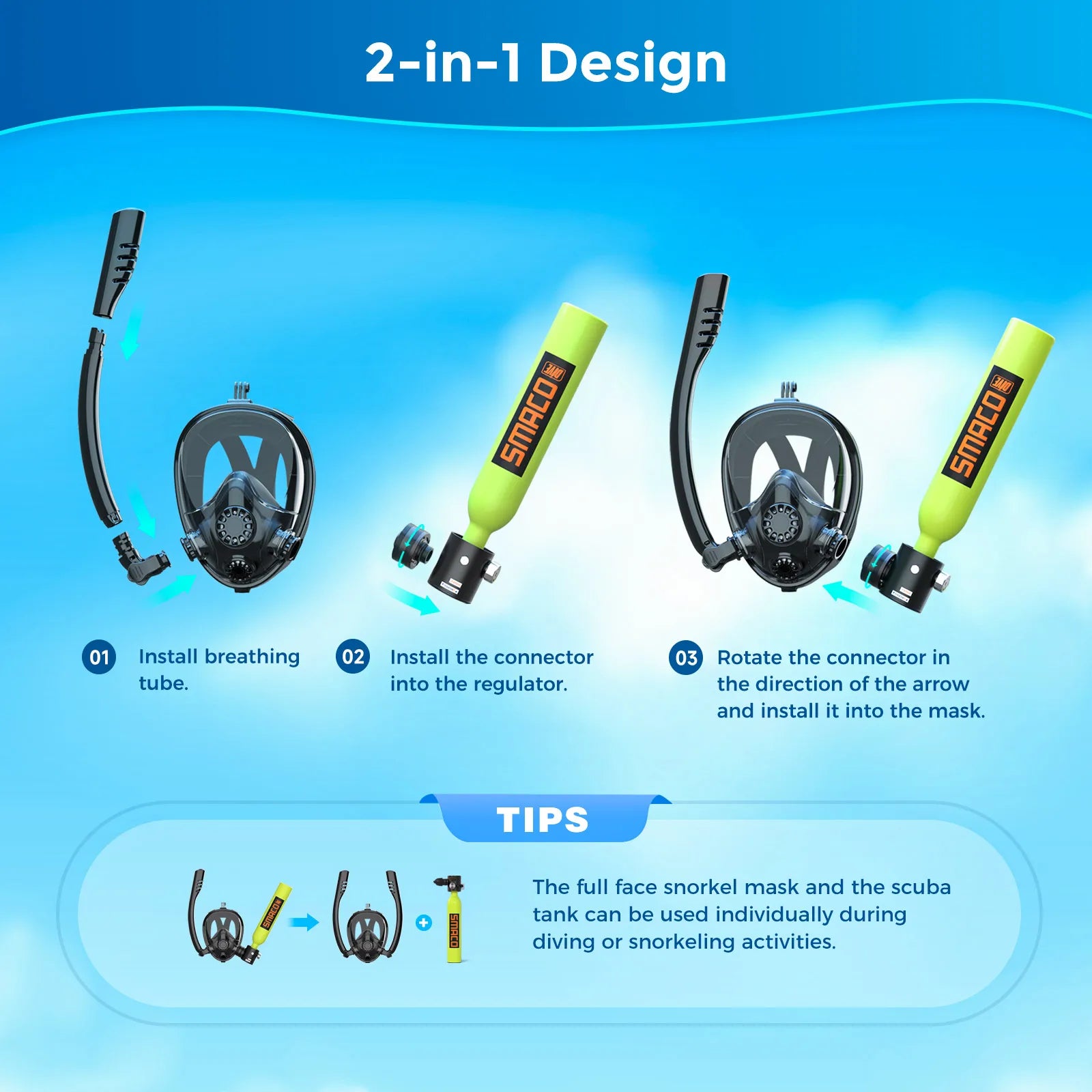 Mini Scuba Tank with Snorkel Mask. 0.5L Tank with Full Face Diving Mask. Refillable.