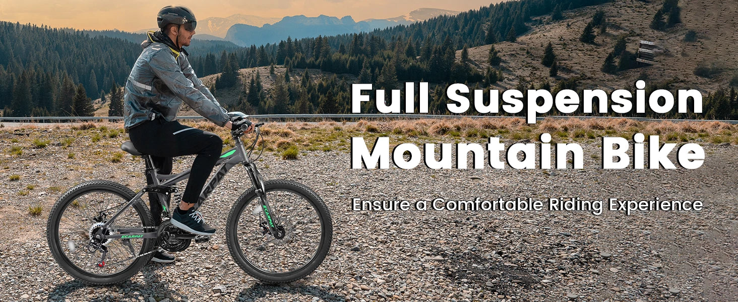 Ecarpat Dual Full Suspension Mountain Bike. 24/26/27.5 Inch, 21-Speed, Disc Brakes.