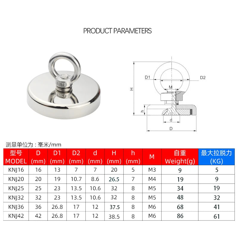 Super Strong Neodymium Fishing Magnets. Heavy Duty Magnet With Countersunk Hole, Eyebolt For Salvage Magnetic Fishing.