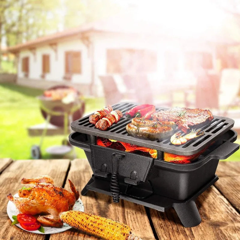 Portable Cast Iron Charcoal Hibachi Grill with Double-sided Grate