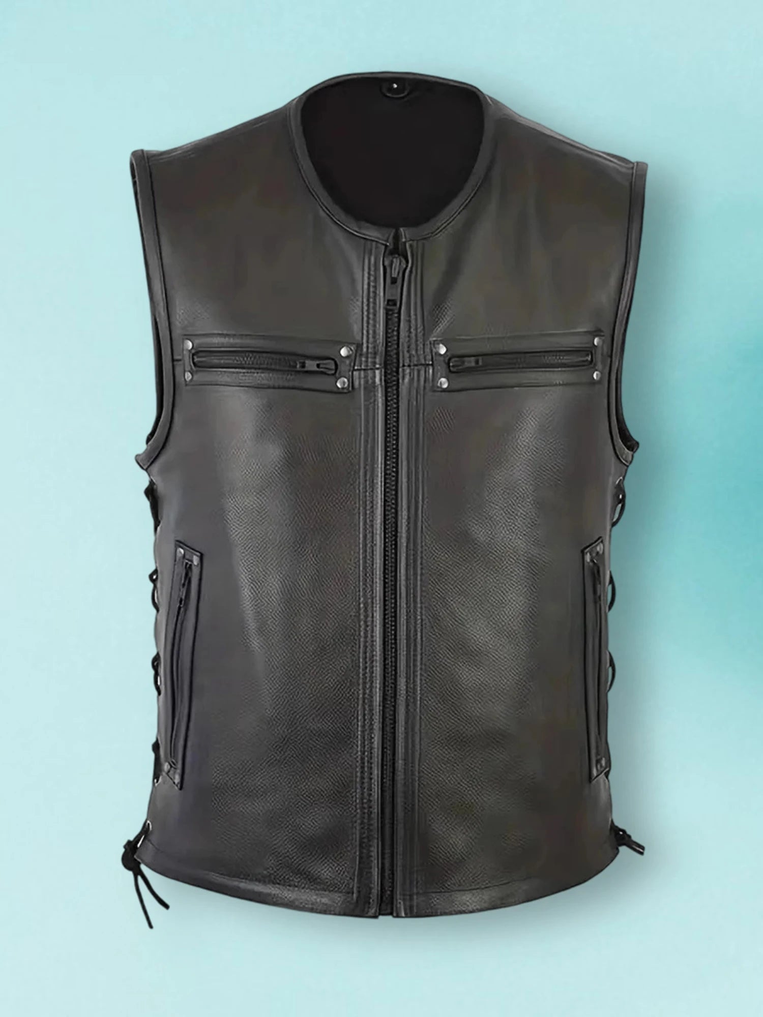 Stylish Men s Biker Vest, Genuine Leather With Multiple Pockets And Zipper Closure.