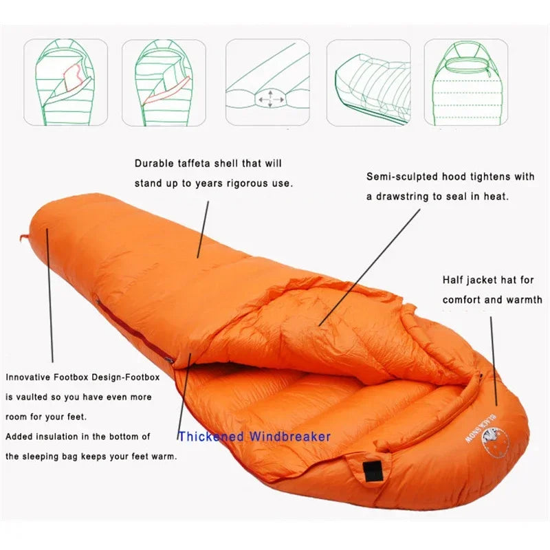 White Goose Down Adult Mummy Style Sleeping Bag. Winter, 4 Thicknesses.