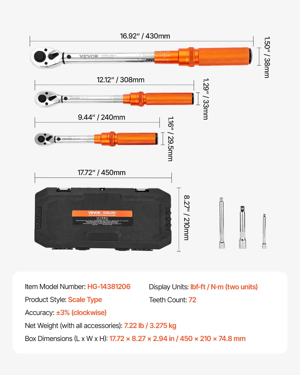 VEVOR  3PCs Click Torque Wrench Set. 1/4, 3/8, 1/2 Inch Drive, Dual-direction And Dual Range Scales.