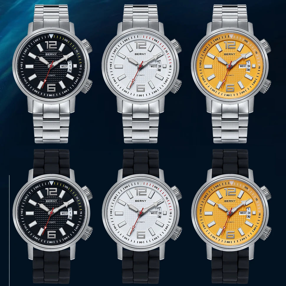 BERNY 20ATM Diver, Automatic Mechanical Watch. Luminous, Waterproof, Self Winding.