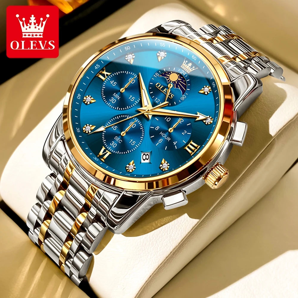 OLEVS Luxury Men's Watches. Moon Phase, Chronograph, Quartz, Gold Stainless Steel, Luminous.